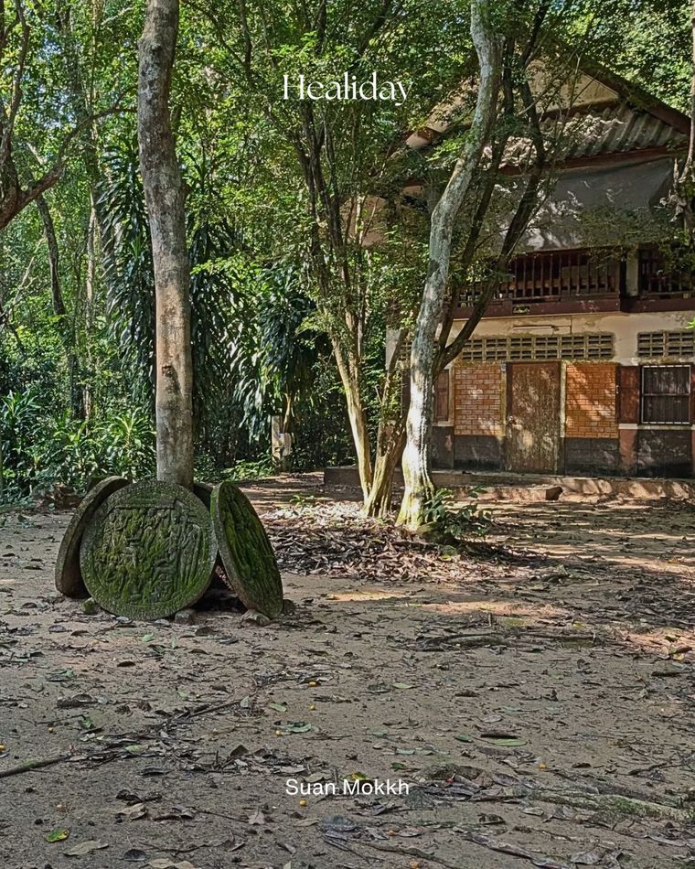 Forest temple with carved stone reliefs at Suan Mokkh